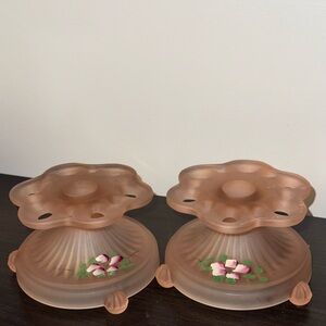 Pair Vintage Pink Satin Glass Candle Holders Hand painted Floral Design. Rotates
